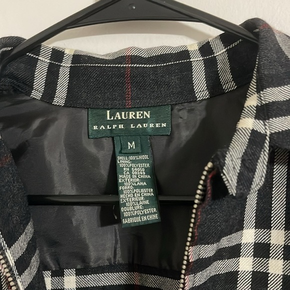 RALPH LAUREN WOMEN M WOOL BLACK PLAID CHARCOAL GRAY IVORY ZIPPER SHIRT - Picture 3 of 8